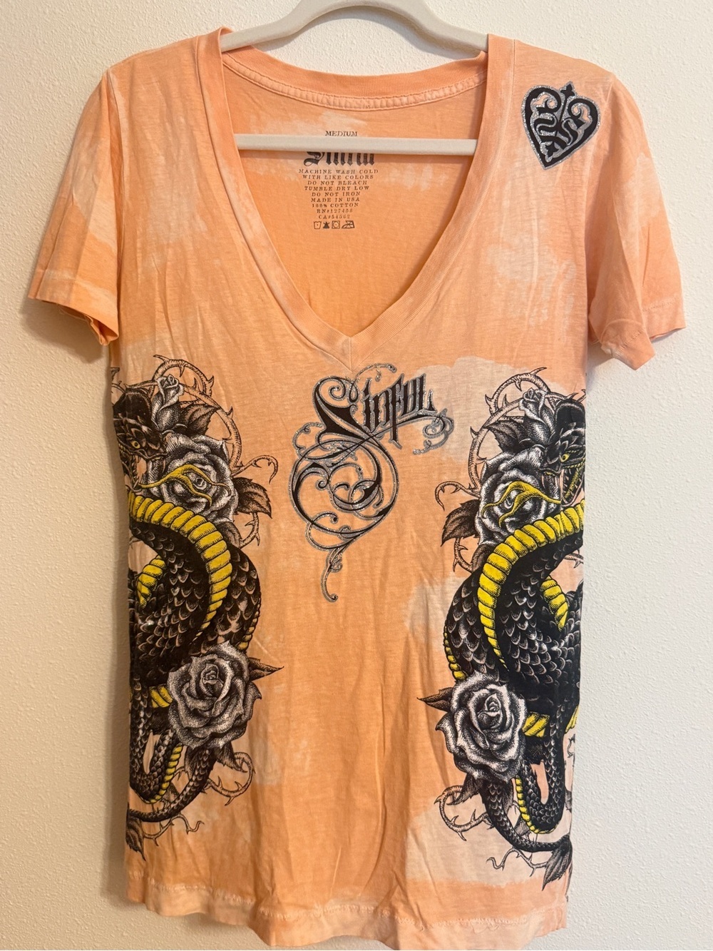 Sinful By Affliction Graphic Tee Size M Orange Y2K Cyber Grunge Snake Rose